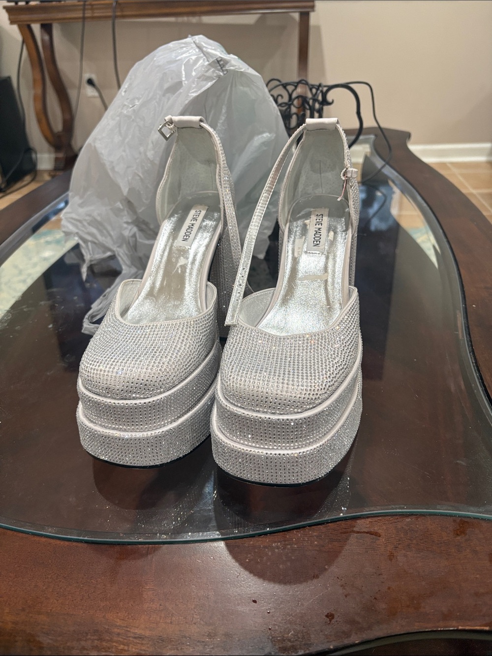 Steve Madden Silver Rhinestone Platform Ankle-Strap Heels